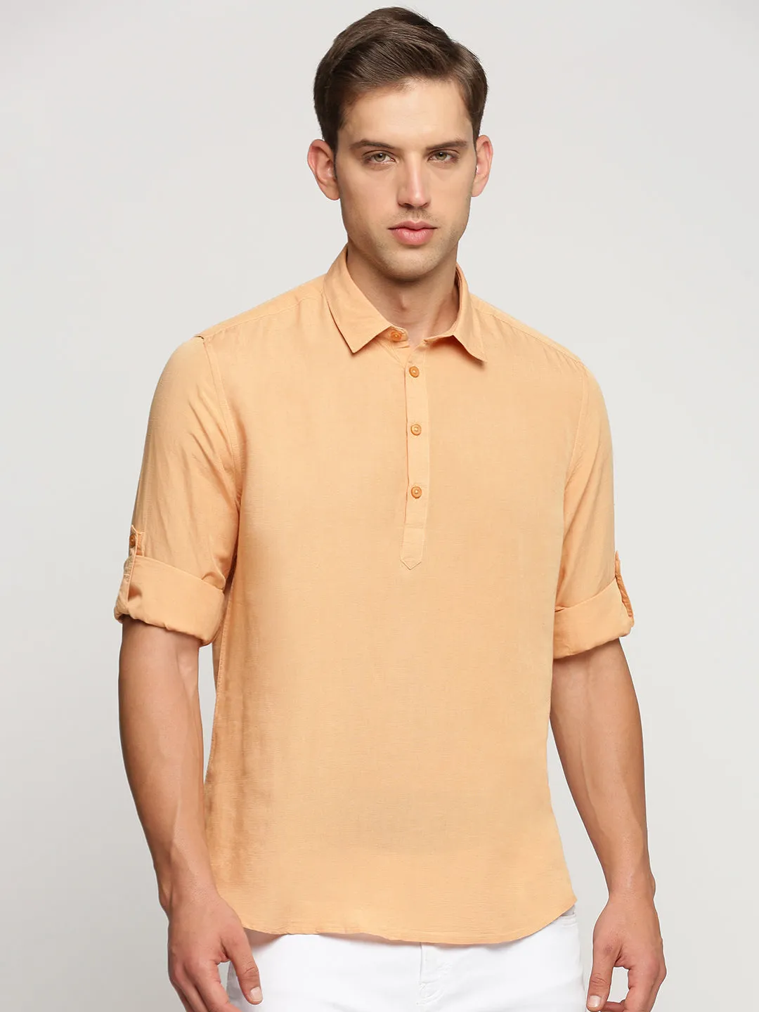 Men's Orange Band Collar Roll-Up Sleeves Casual Shirt Suede Mood BuiltIn Grip