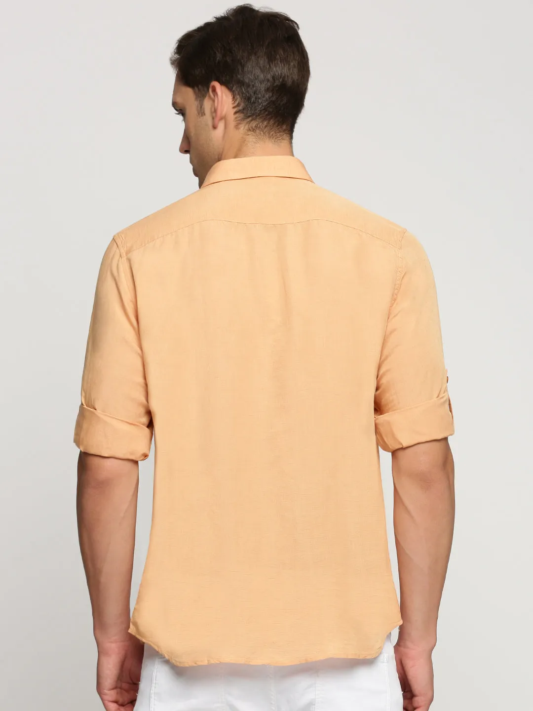 ReflectiveDetails TumbleDry Safe Men's Orange Band Collar Roll-Up Sleeves Casual Shirt