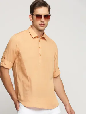 Planet Glow Men's Orange Band Collar Roll-Up Sleeves Casual Shirt