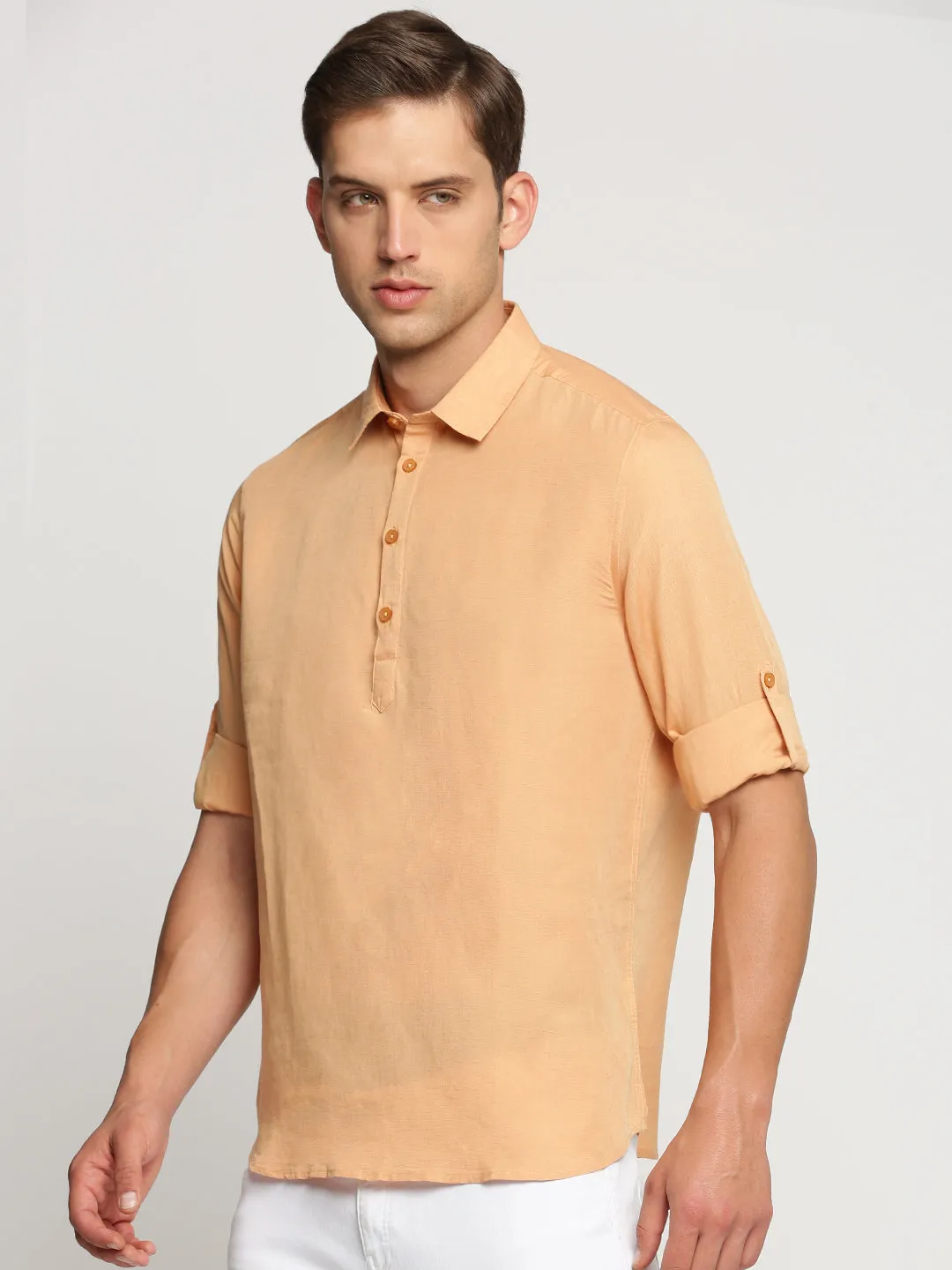 QuickDrying Material SkinFriendlyElastic Men's Orange Band Collar Roll-Up Sleeves Casual Shirt