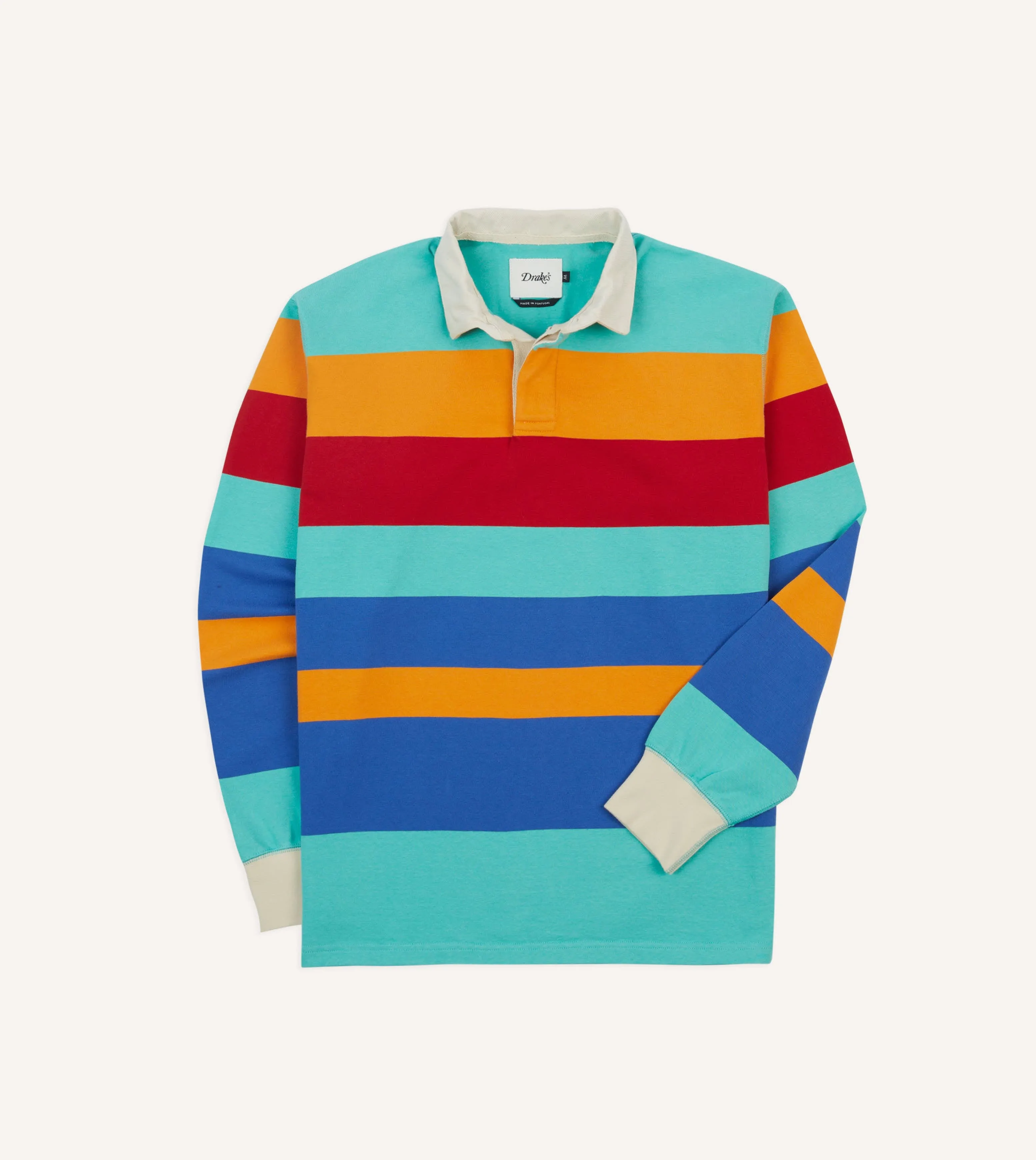 certified Work efficiency Turquoise, Yellow, Blue and Red Multi Stripe Cotton Rugby Shirt