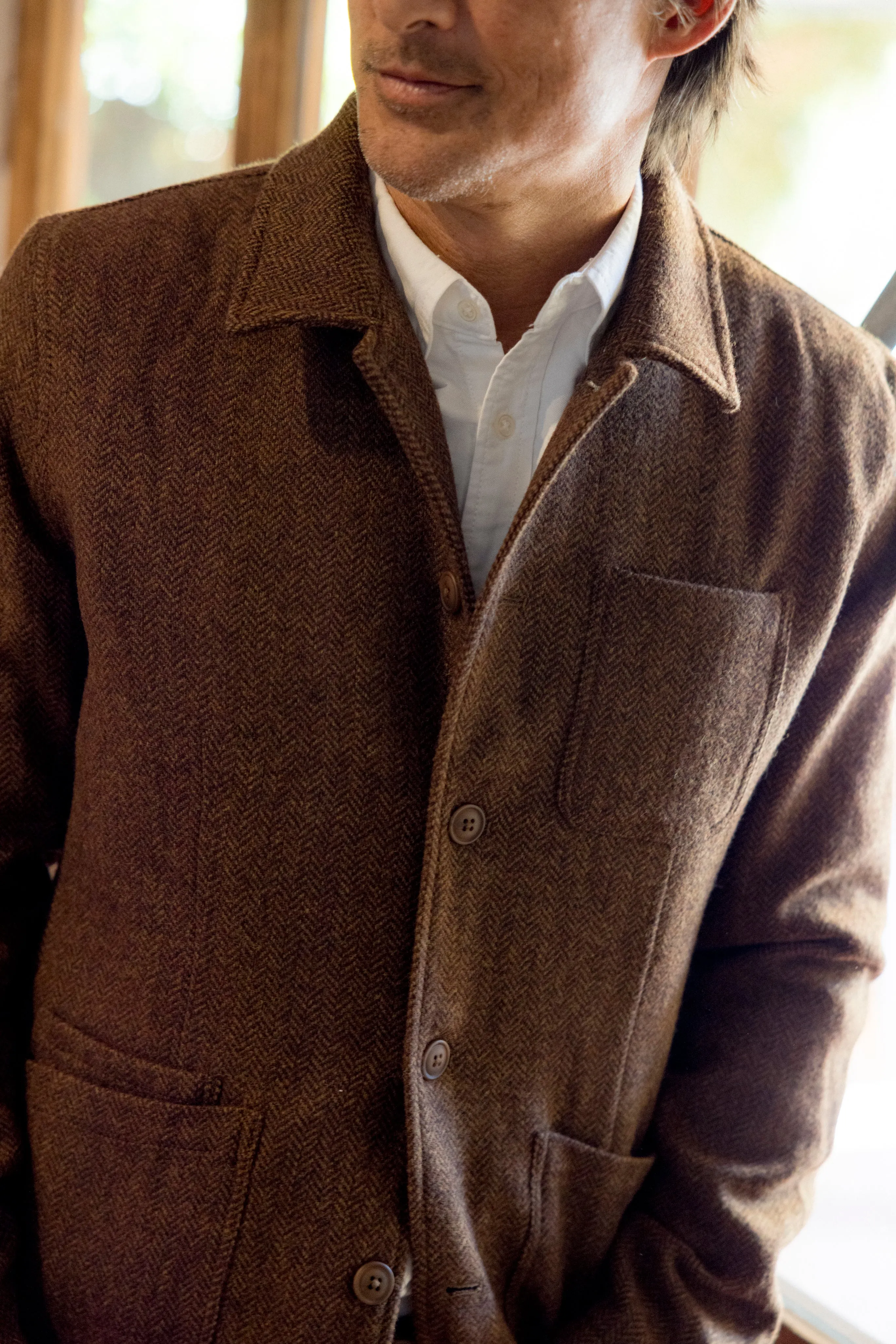 Tweed Industrial Jacket - Brown Herringbone Stretch Paneling