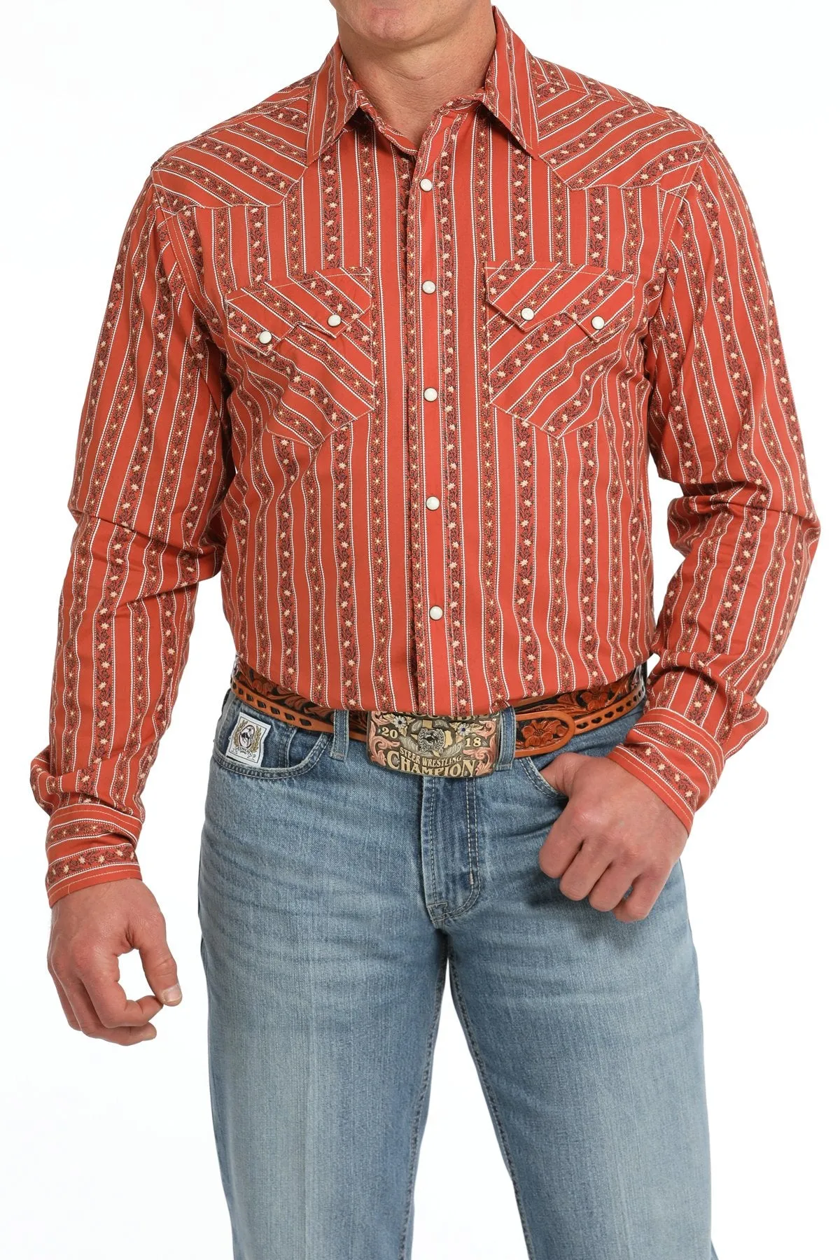 Cinch Men's L/S Modern Fit Floral Striped Western Snap Shirt in Orange Comfy Essentials