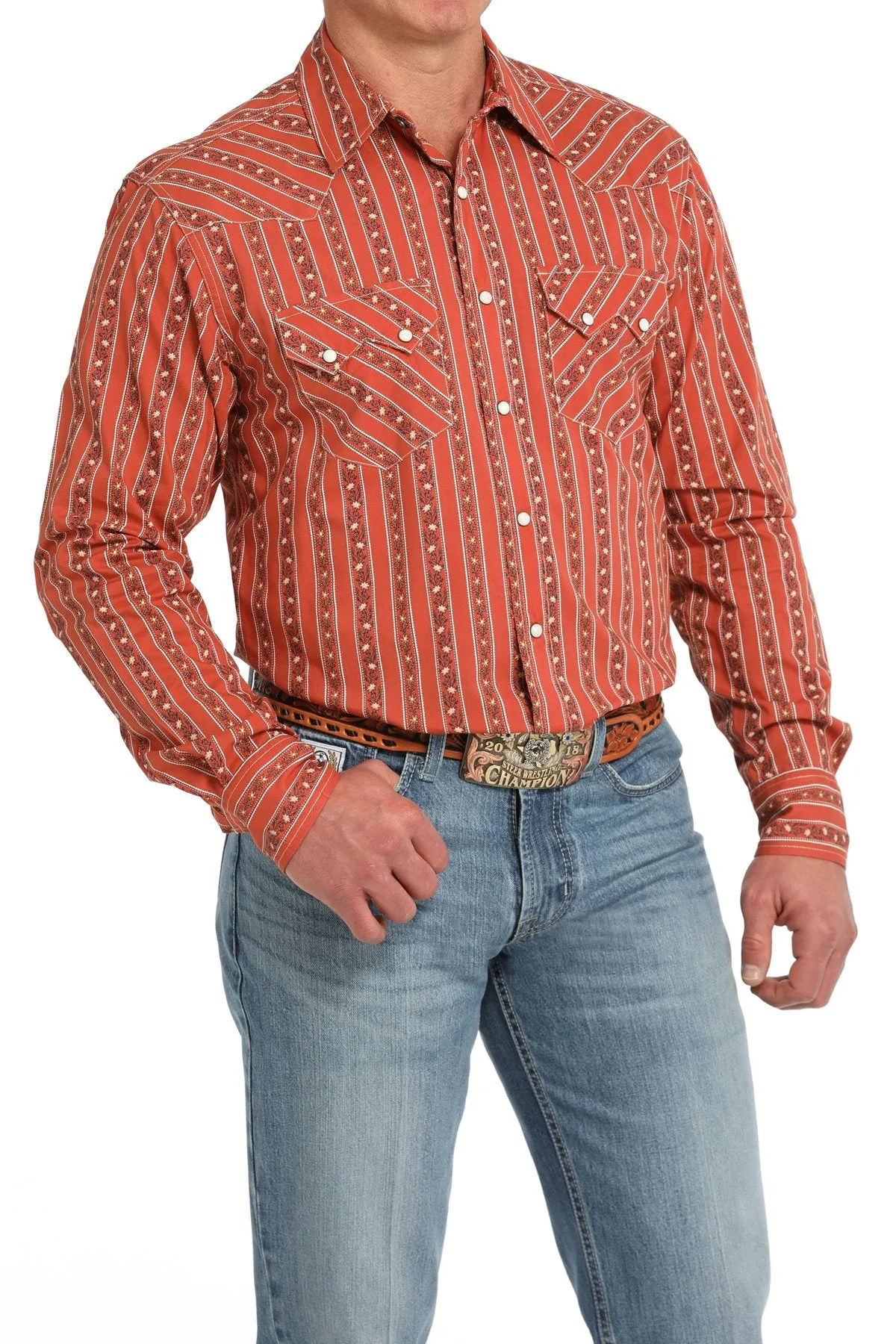 Cinch Men's L/S Modern Fit Floral Striped Western Snap Shirt in Orange Anti-bacterial
