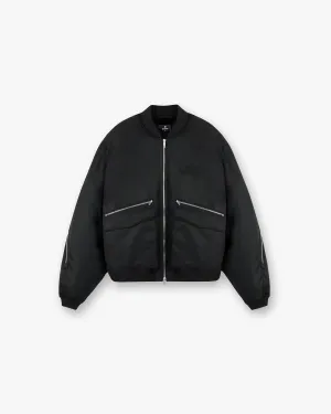 Zip Back Bomber Jacket - Jet Black Adjustable Cuff System Double Layered Collar