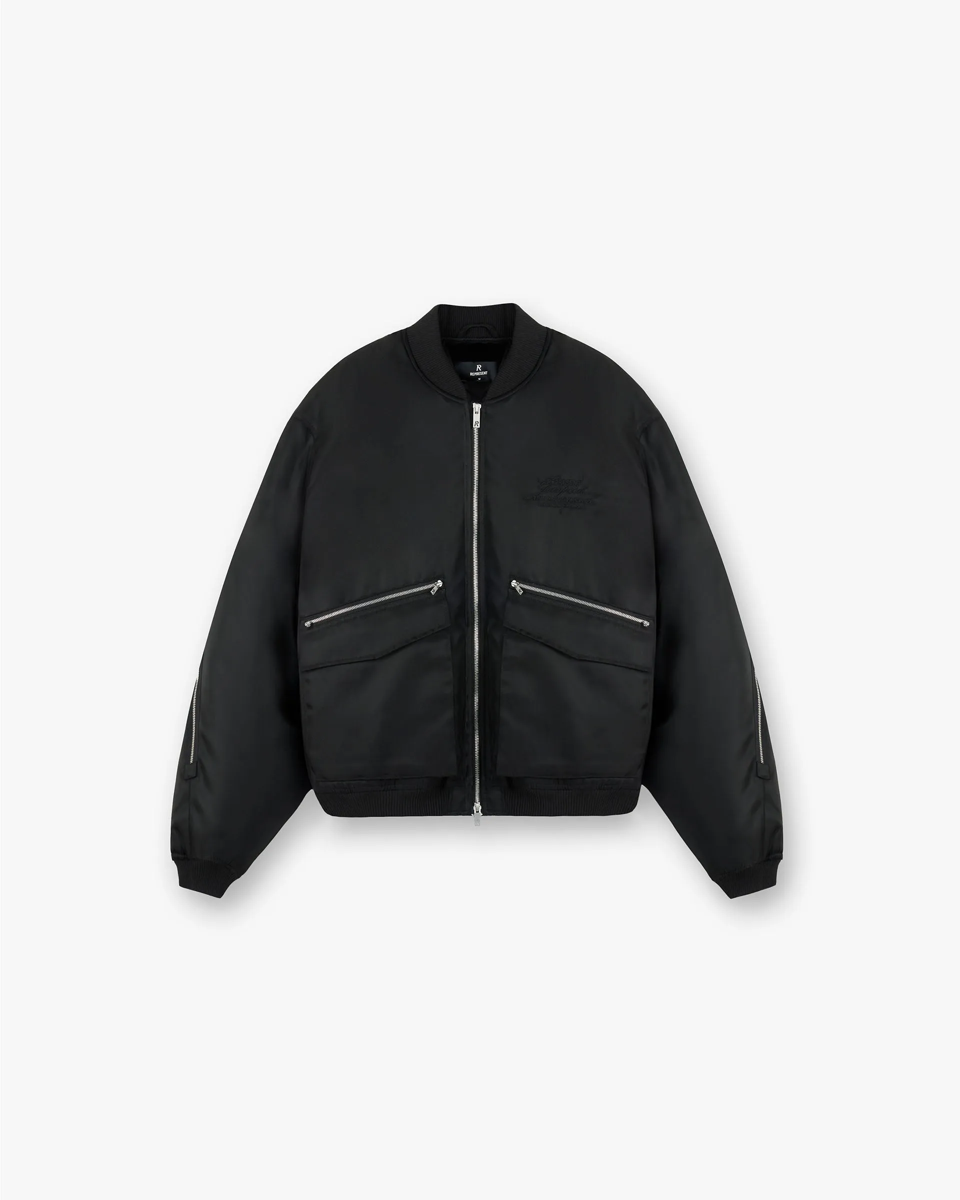 Zip Back Bomber Jacket - Jet Black Adjustable Cuff System Double Layered Collar