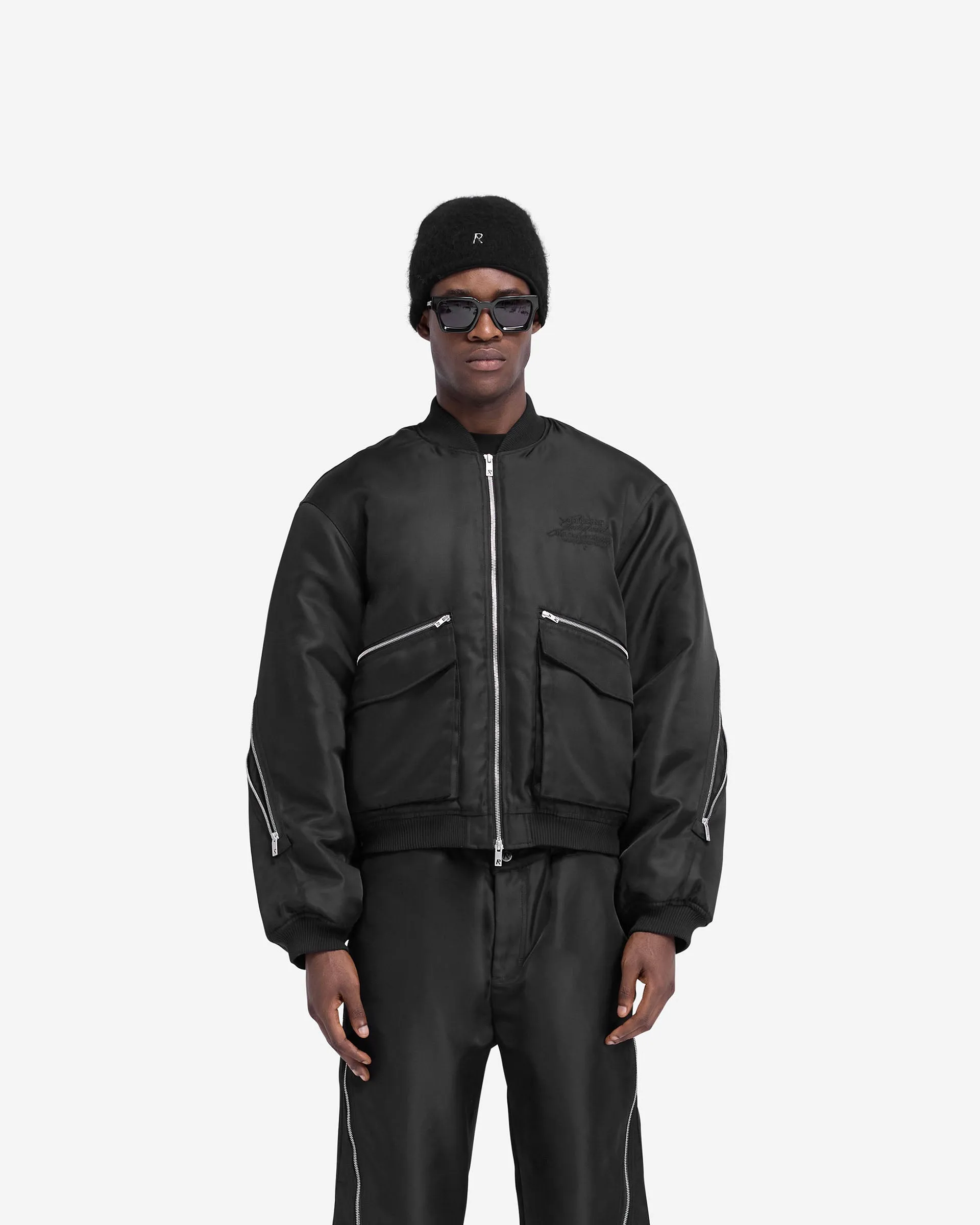 Zip Back Bomber Jacket - Jet Black Wrinkle Free Texture Detachable Lining