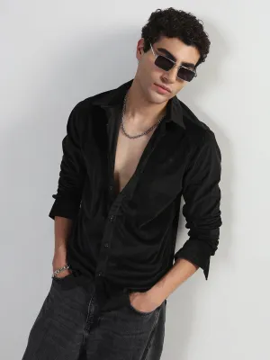Men's Black Slim Fit Velvet Shirt Relax Vibe Adjustable Fastenings