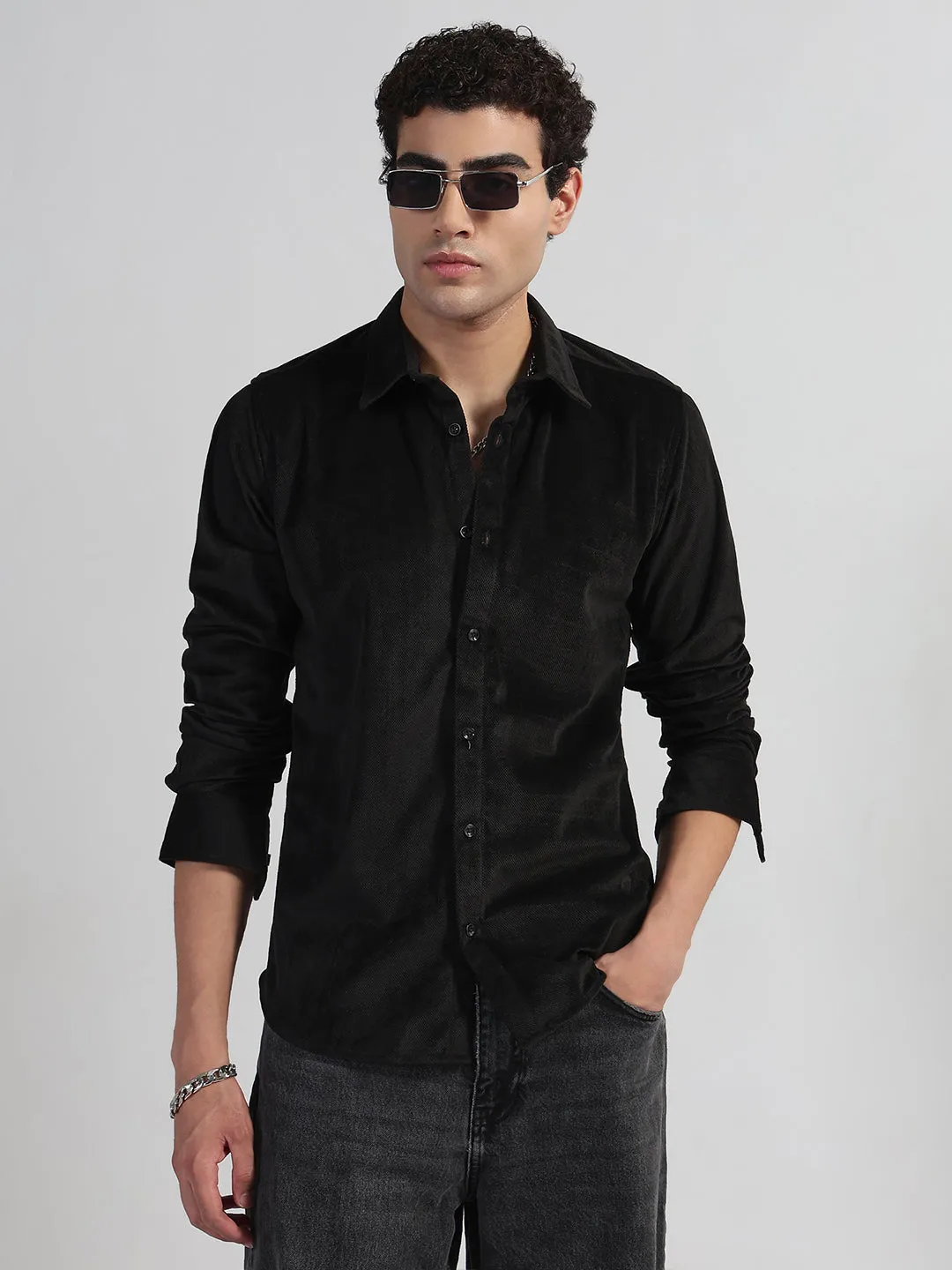 Casual Style Men's Black Slim Fit Velvet Shirt