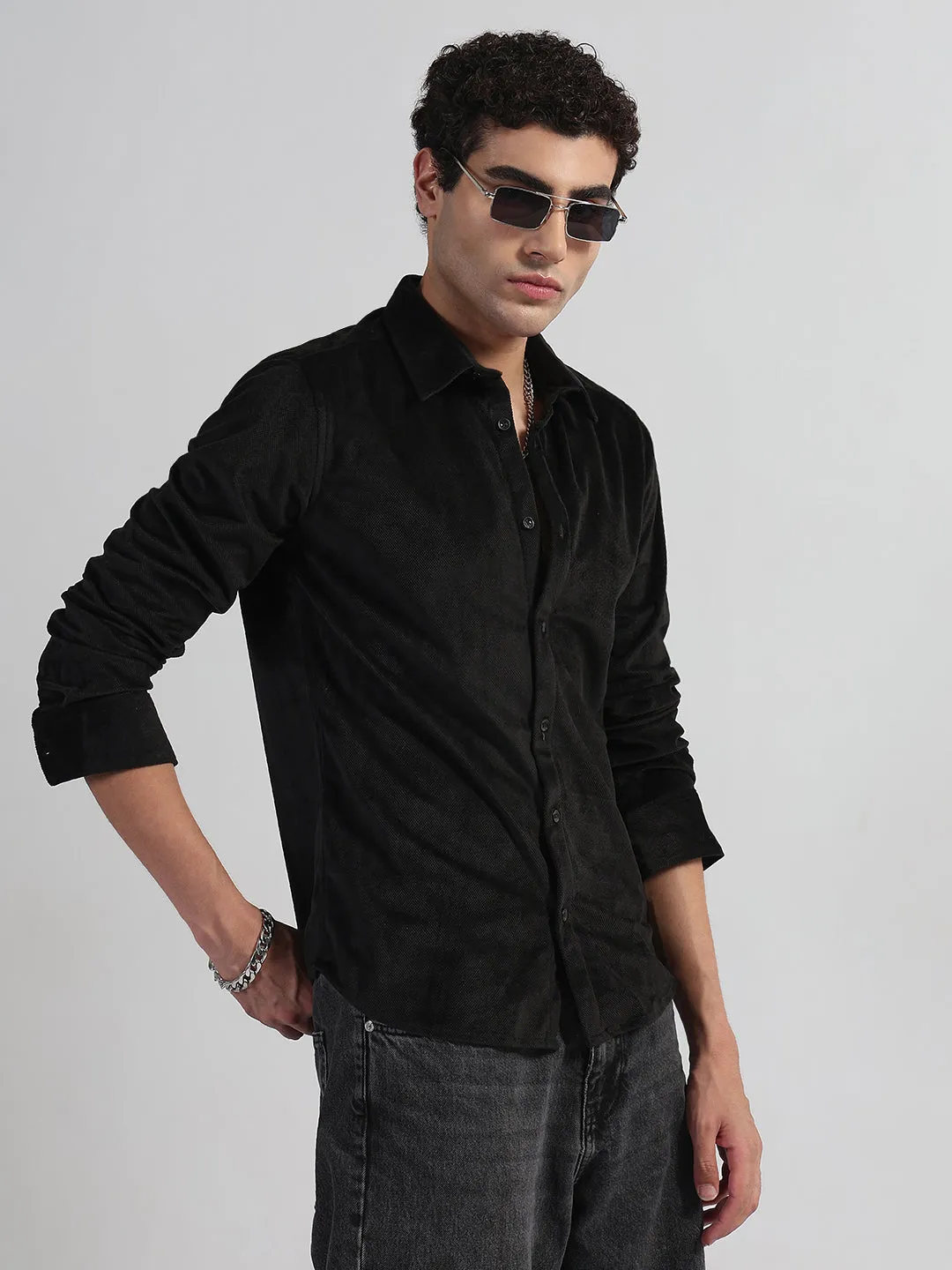 Men's Black Slim Fit Velvet Shirt Timeless Wear Hike Fit