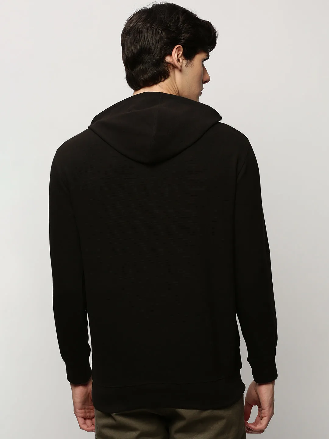 Men's Black Typography Printed Hooded Cotton Pullover Brunch Outfit Active Design