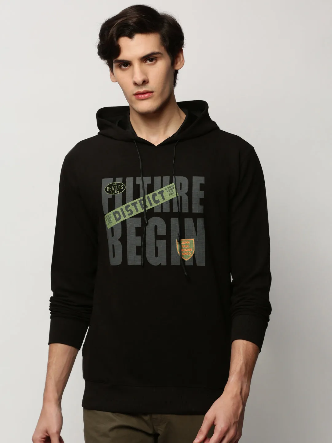 Essential Comfort Men's Black Typography Printed Hooded Cotton Pullover