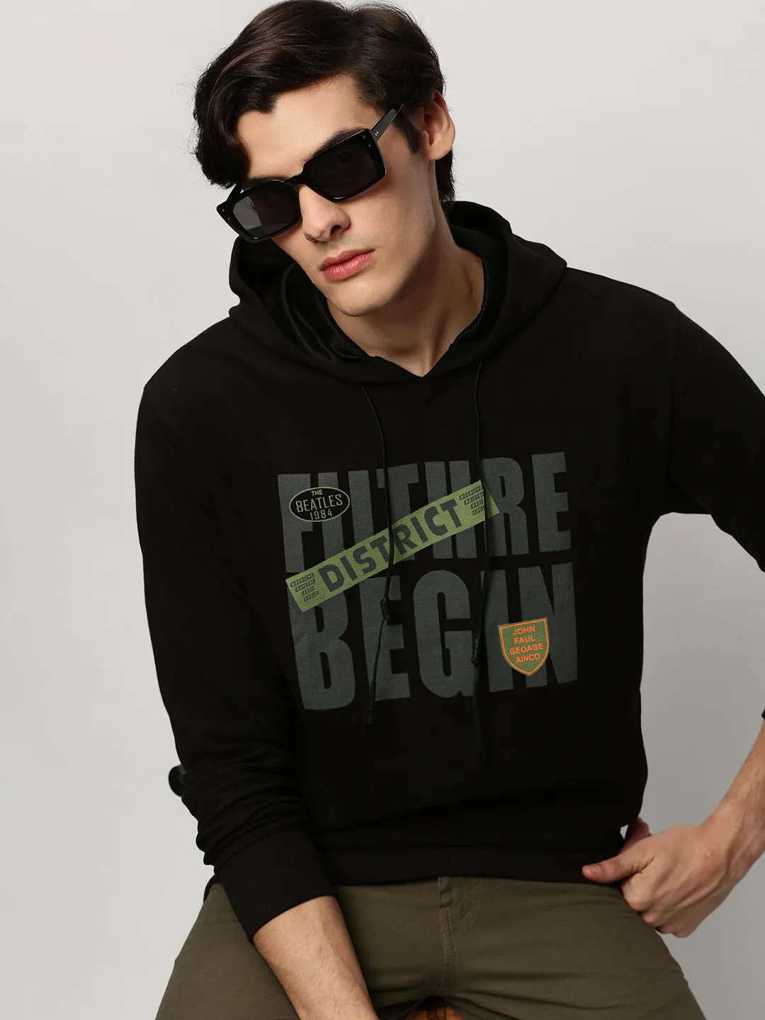 Men's Black Typography Printed Hooded Cotton Pullover City Fit Wrinkle-Resistant