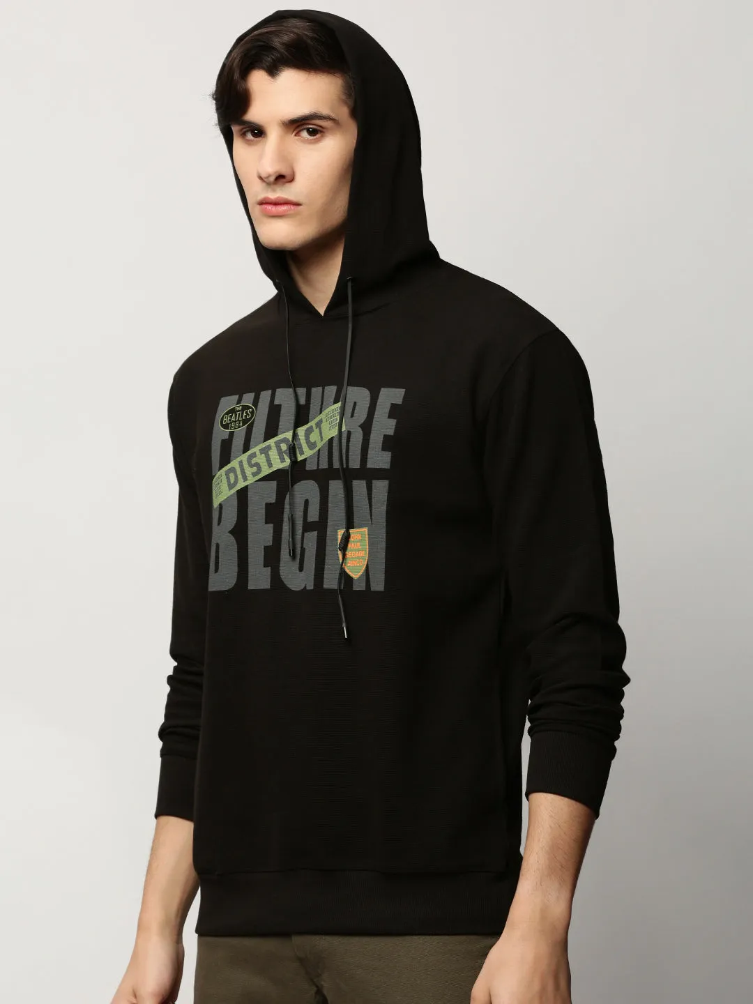 Men's Black Typography Printed Hooded Cotton Pullover Sporty Jacket Effortless Hoodie