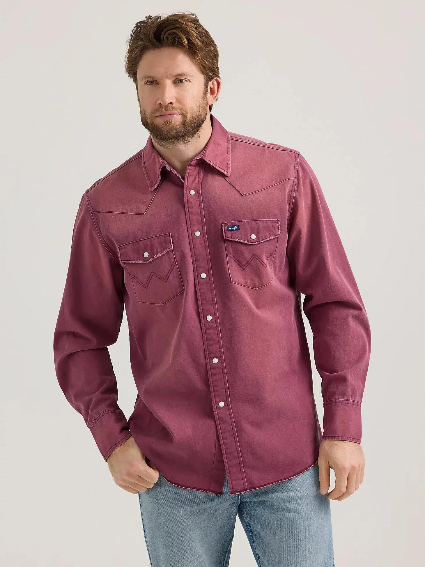 Wrangler Men's L/S Vintage Inspired Western Snap Work Shirt in Burgundy Casual Comfort Design Casual Design
