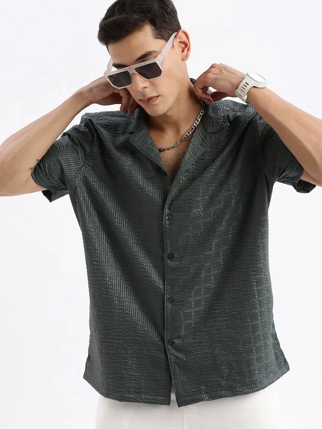 Relax Mode Everyday Comfort Men's Cuban Collar Solid Relaxed Fit Green Shirt