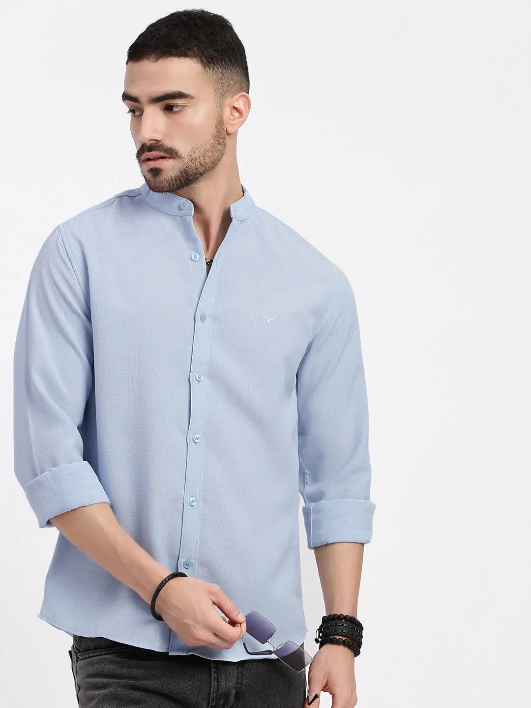 AbrasionResistant Material Trend Vibe Men's Blue Mandarin Collar Solid Slim Fit Shirt