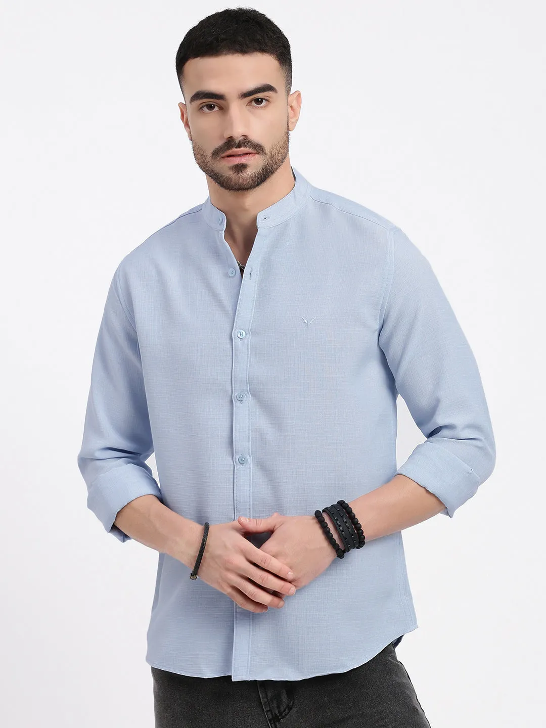 Men's Blue Mandarin Collar Solid Slim Fit Shirt LightweightTextile