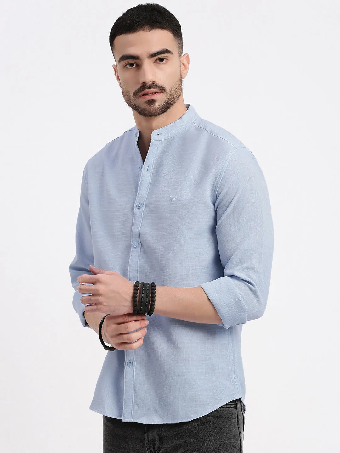 Men's Blue Mandarin Collar Solid Slim Fit Shirt Icon Glow