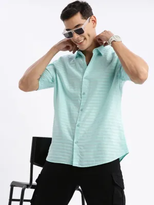 AntiBacterialTreatment Men's Turquoise Blue Standard Slim Fit Horizontal Striped Spread Collar Twill Weave Cotton Shirt