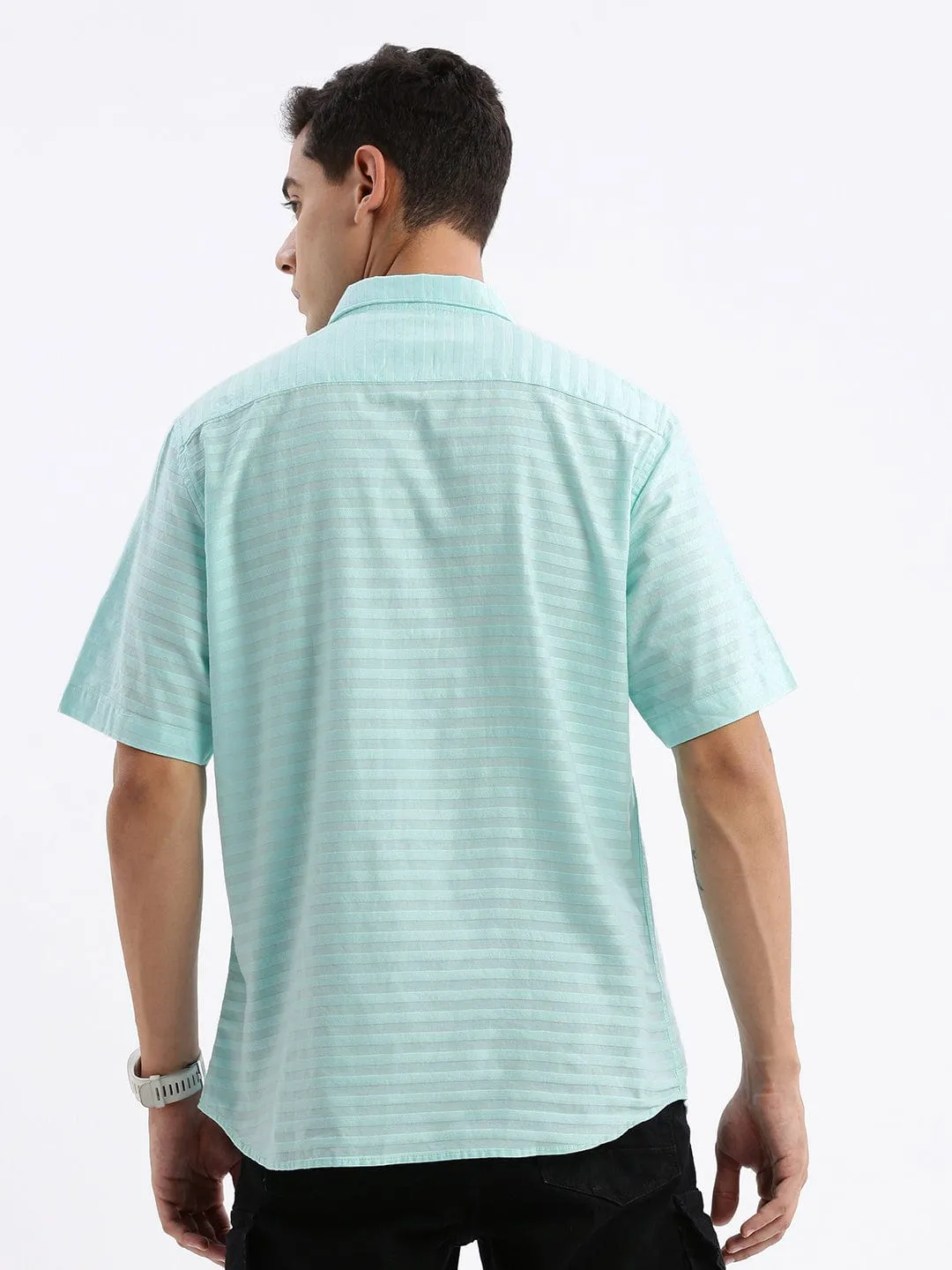 Light Sweatshirt Faith Core Men's Turquoise Blue Standard Slim Fit Horizontal Striped Spread Collar Twill Weave Cotton Shirt