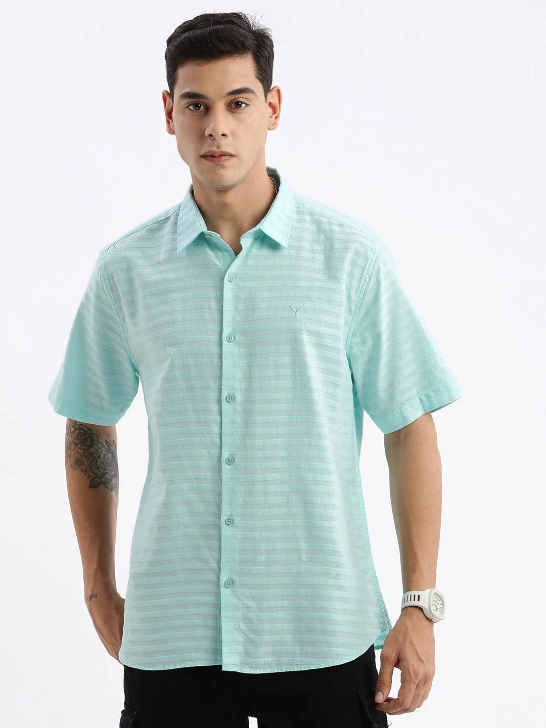 Handmade Glow Men's Turquoise Blue Standard Slim Fit Horizontal Striped Spread Collar Twill Weave Cotton Shirt