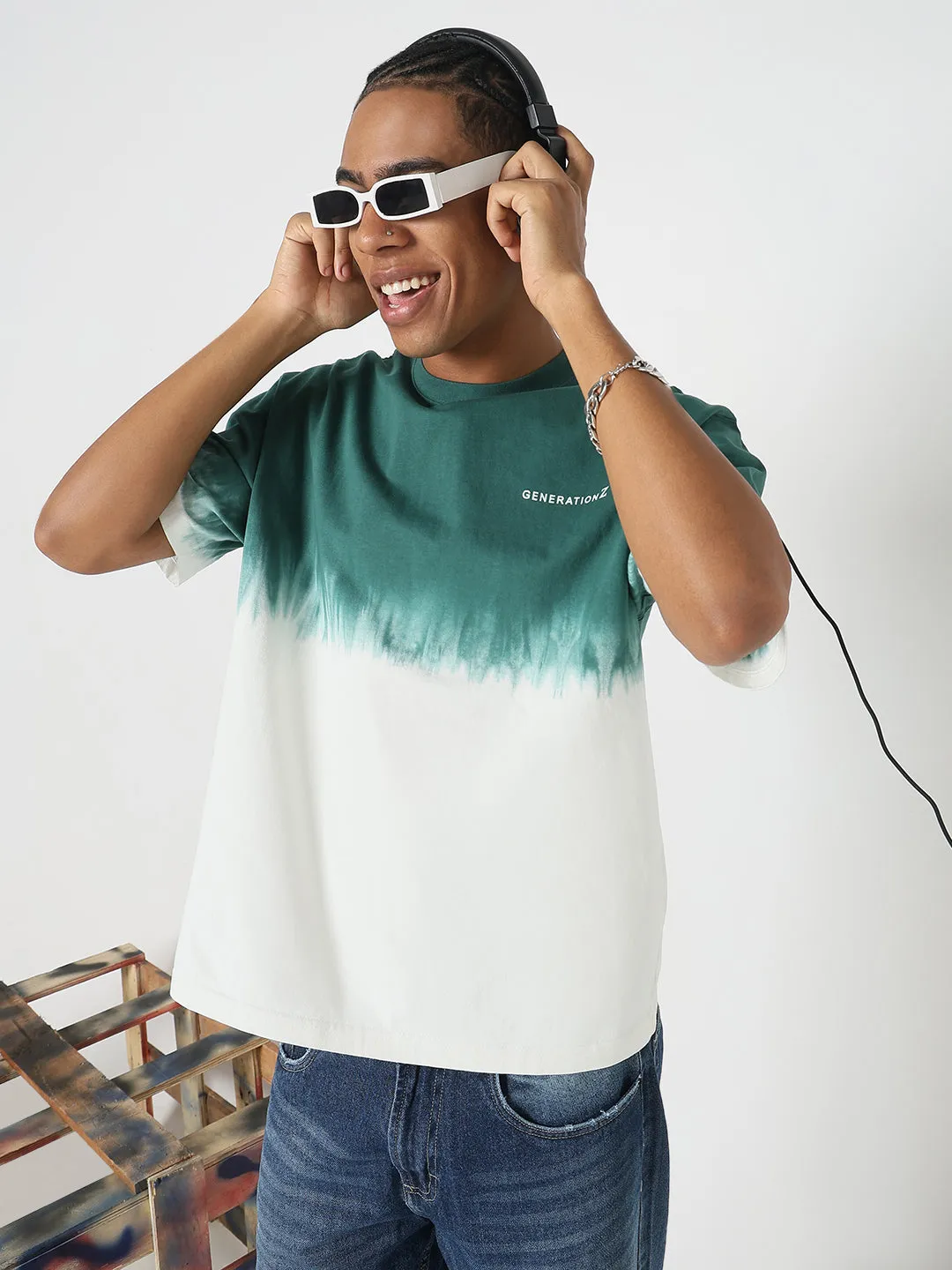 Men's Green Tie and Dye Oversized T-Shirt Modern Boots