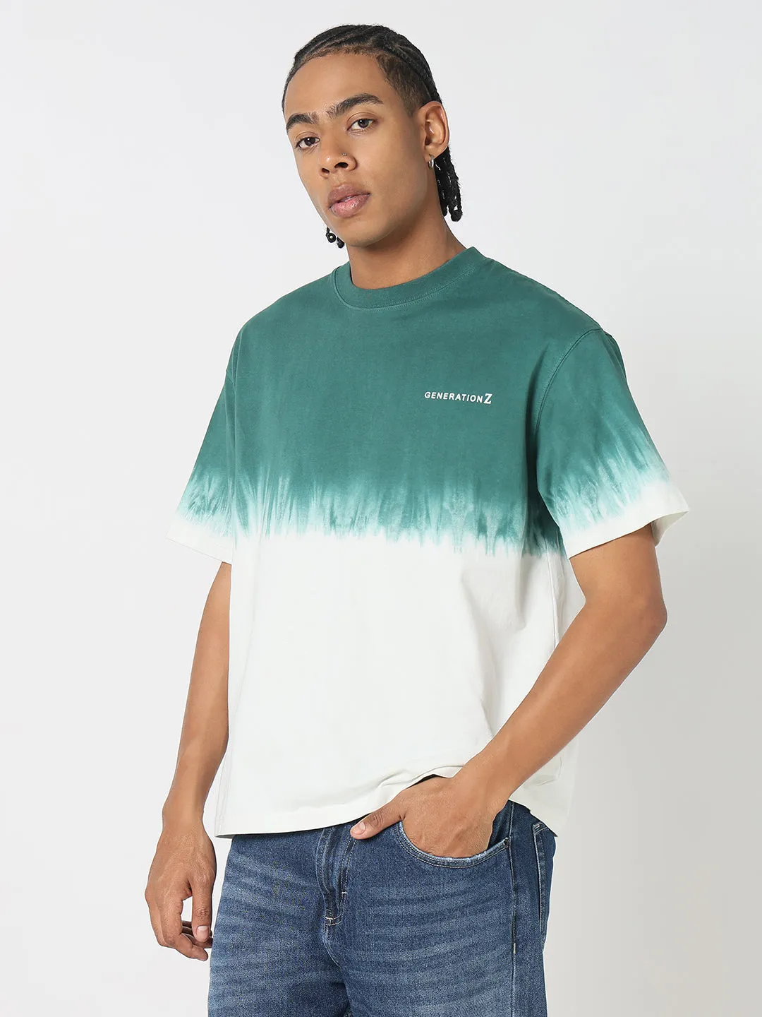 LayeredNeckline Wide Glow Men's Green Tie and Dye Oversized T-Shirt