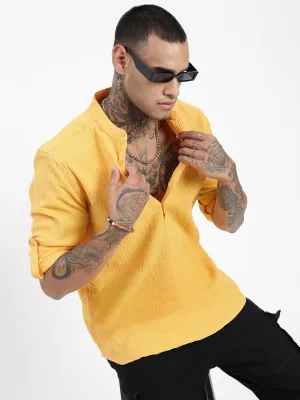 Winter Fit NonRestrictiveCut Men's Yellow Mandarin Collar Roll-Up Sleeves Straight Shirt