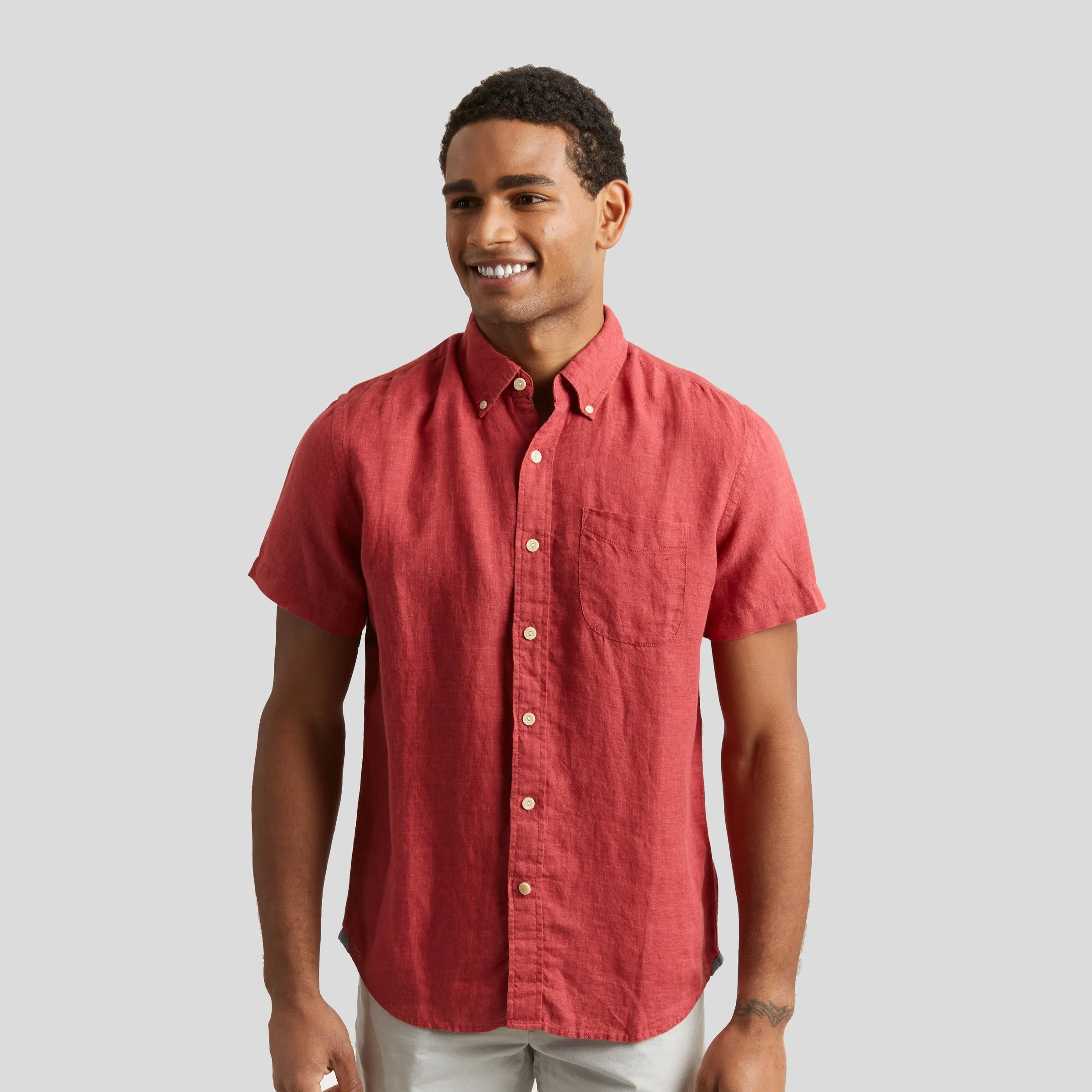 Elastic Fit Perfect Layer Wear Paloma Sun Washed Linen Short Sleeve Shirt - Red *