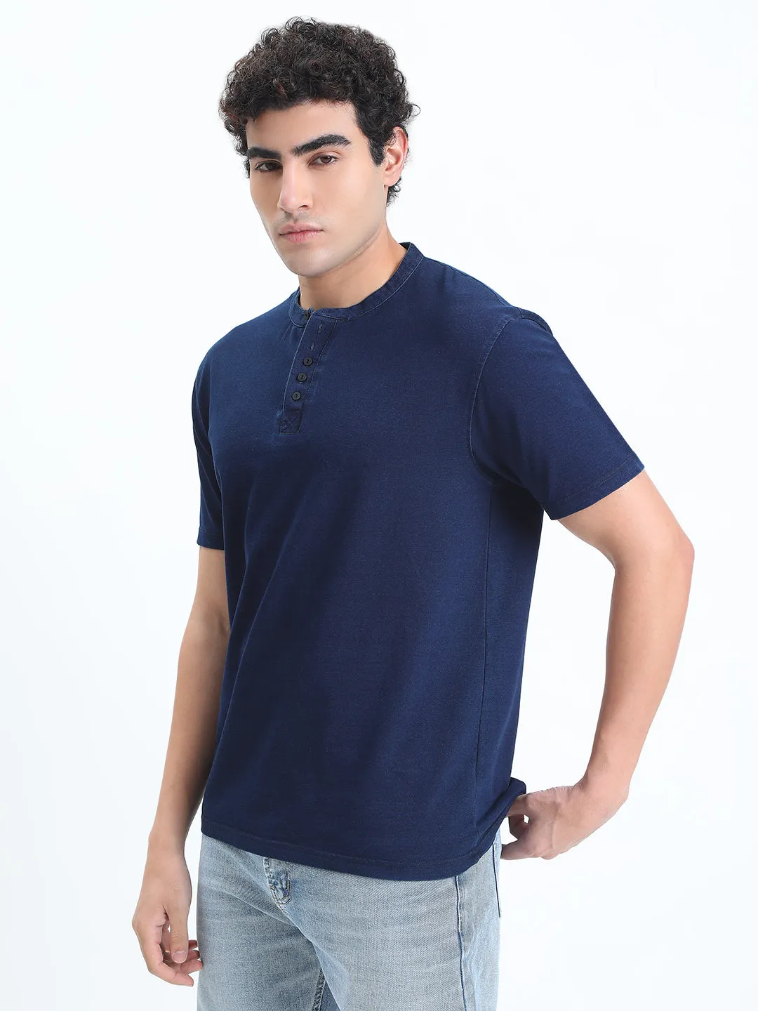 Eco Core Men's Navy Blue Henley Collar Regular Fit T-Shirt