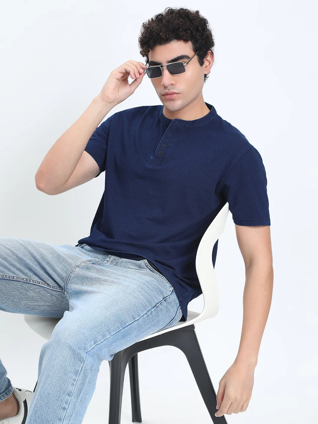 Men's Navy Blue Henley Collar Regular Fit T-Shirt Active clothing Flexible Fabric Blend