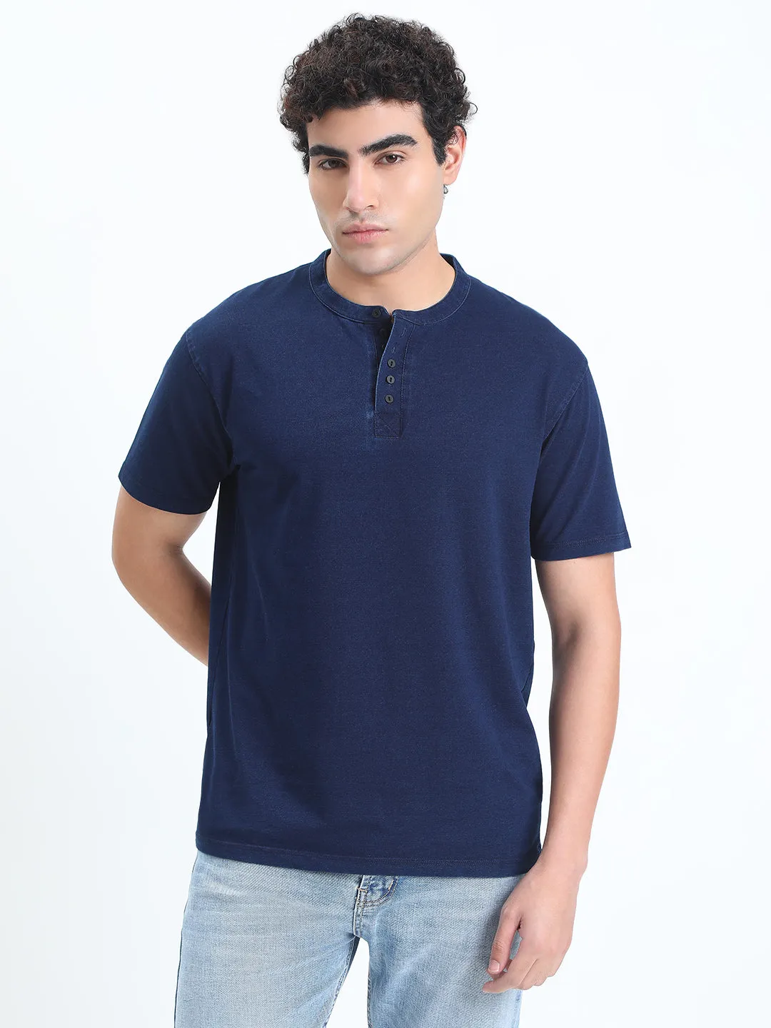 Men's Navy Blue Henley Collar Regular Fit T-Shirt HypoallergenicMaterial