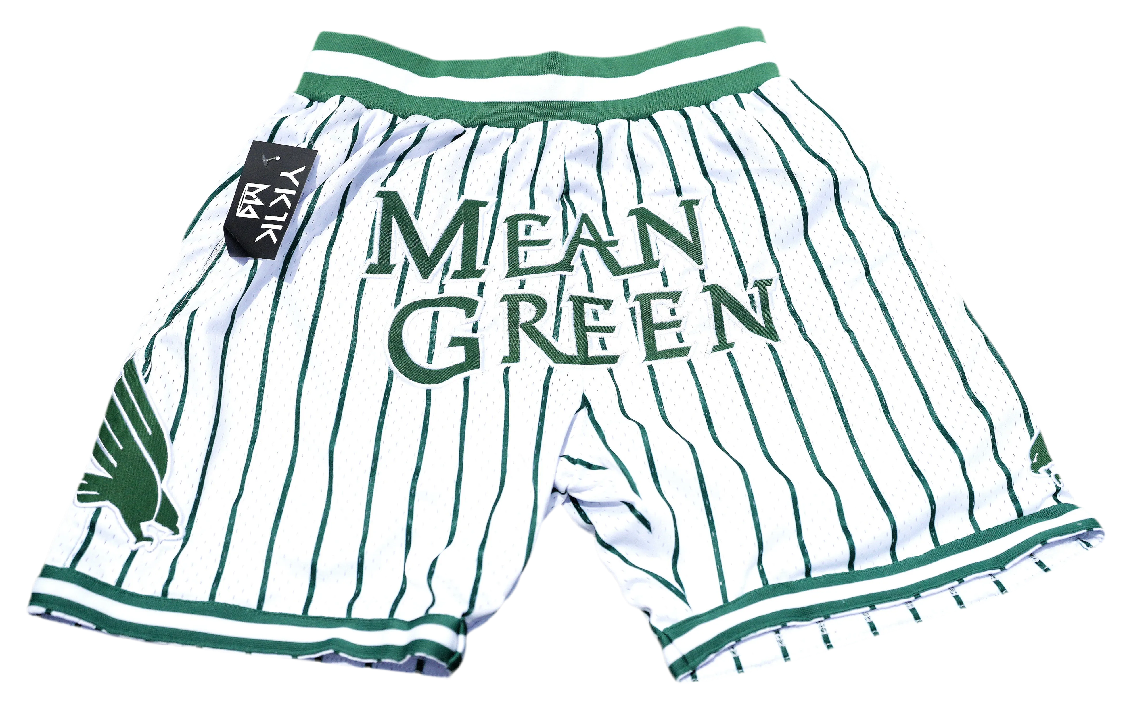 Comfort Layer Wear rayon fabric UNIVERSITY OF NORTH TEXAS WHITE GREEN PINSTRIPES