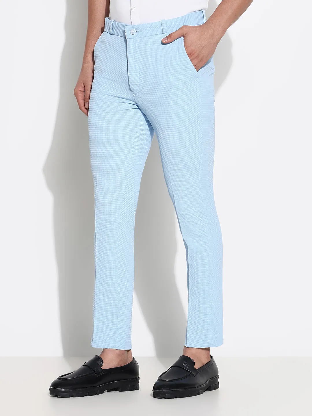 Minimalist Waist Men's Blue Solid Formal Trousers