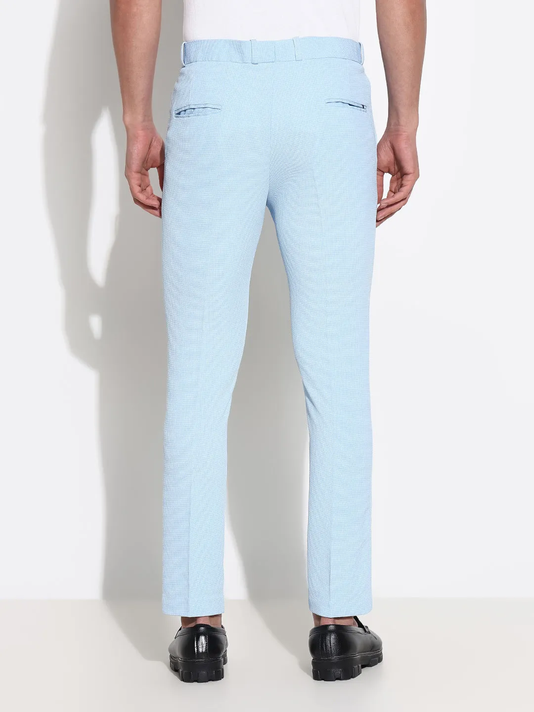 Men's Blue Solid Formal Trousers Reinforced Stitching