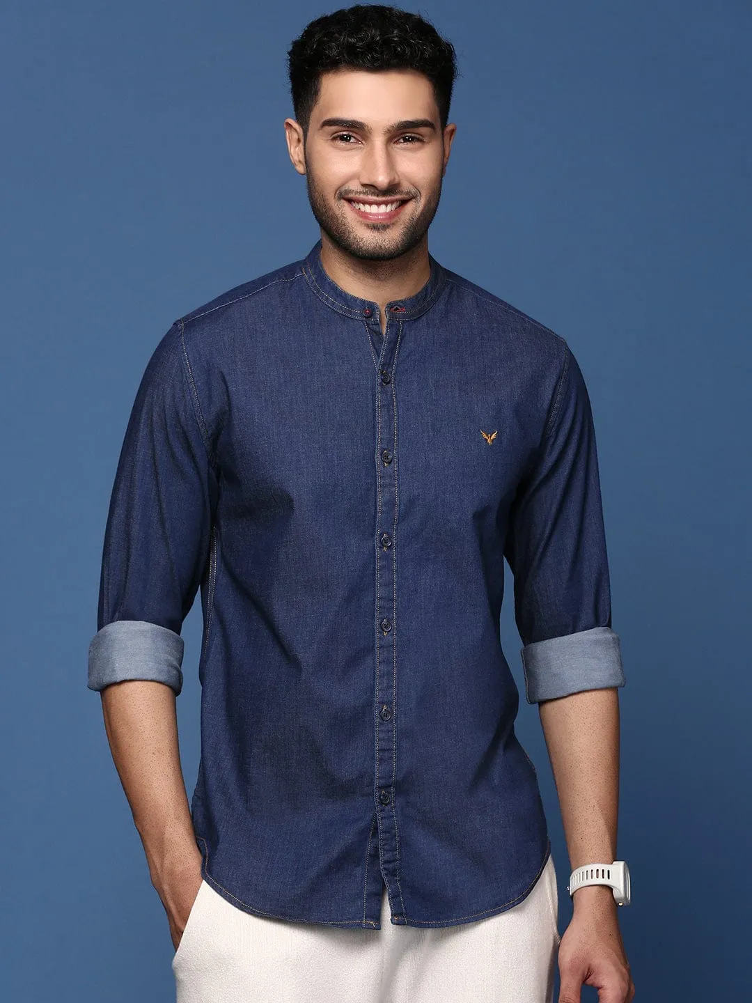 WaterResistant Coating Men's Mandarin Collar Solid Navy Blue Slim Fit Shirt