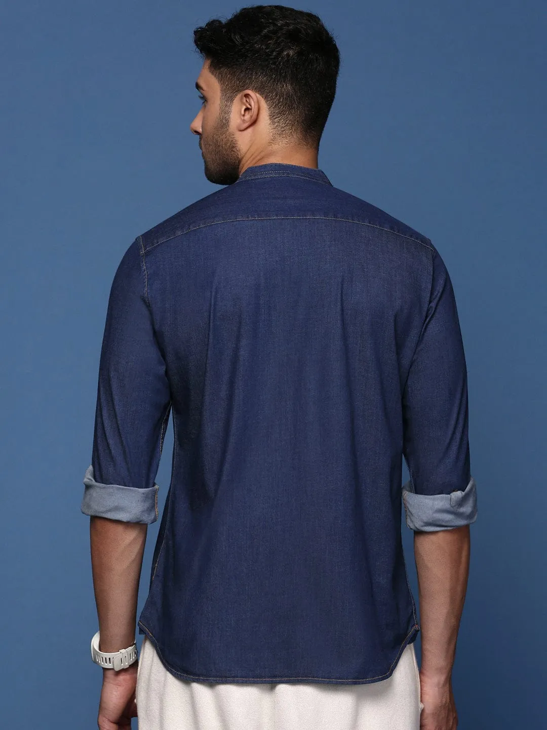 Men's Mandarin Collar Solid Navy Blue Slim Fit Shirt Lightweight Feel Skin Hug