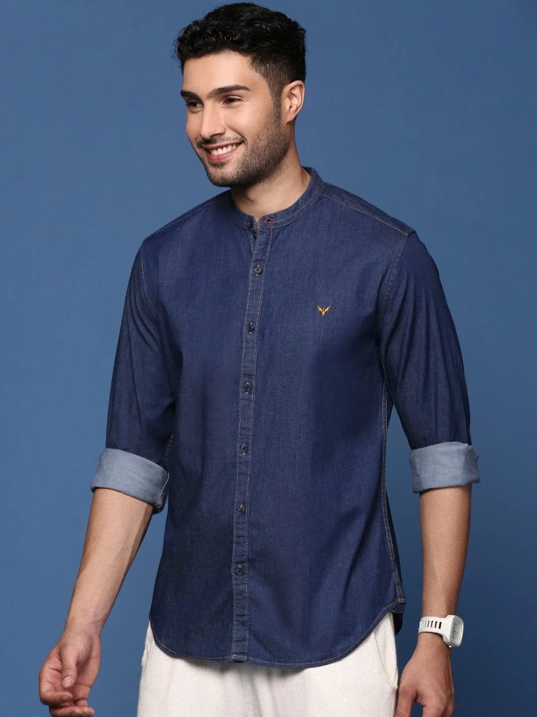 Global Cool Energy Ease Men's Mandarin Collar Solid Navy Blue Slim Fit Shirt