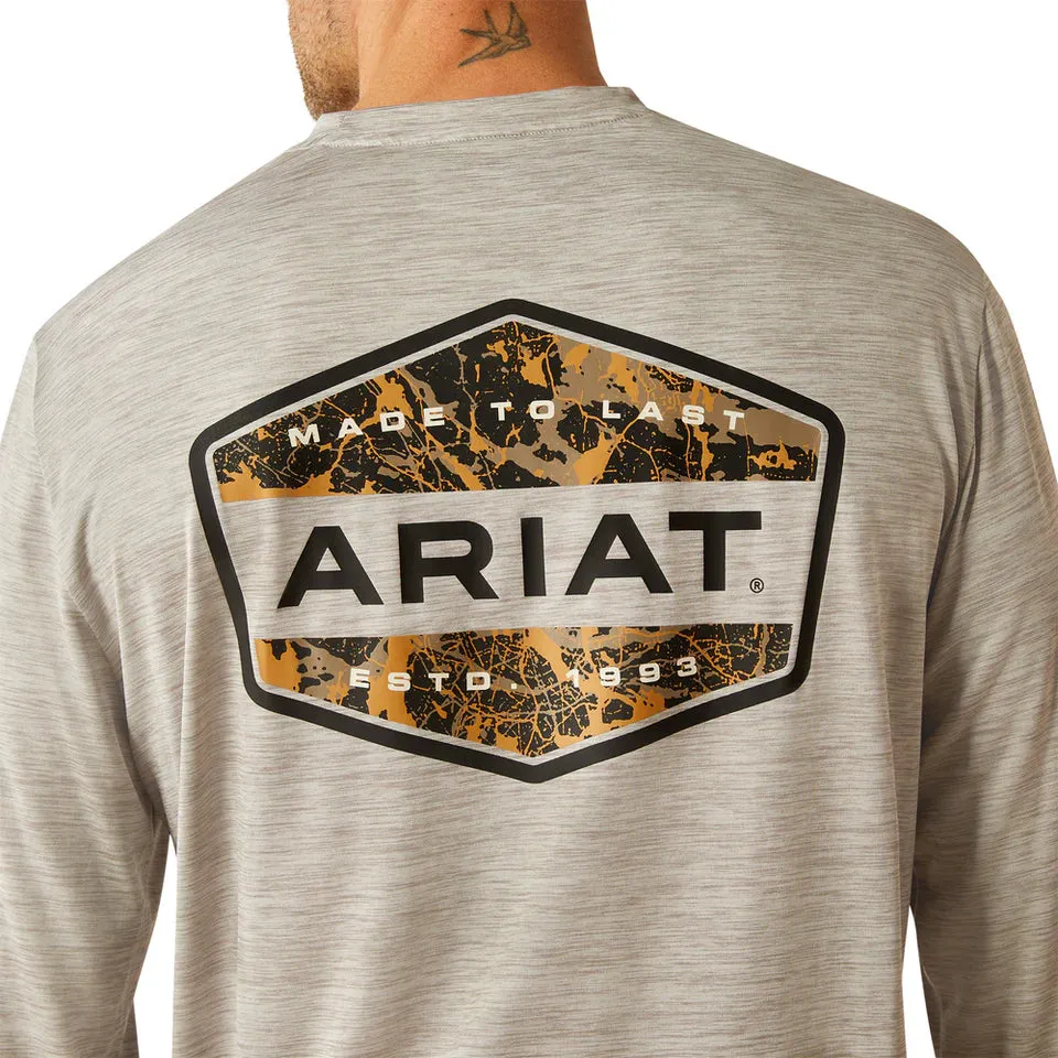 Ariat Men's L/S Charger Muddy Shield T-Shirt in Light Grey Heather Versatile Wardrobe Piece Curved Hem