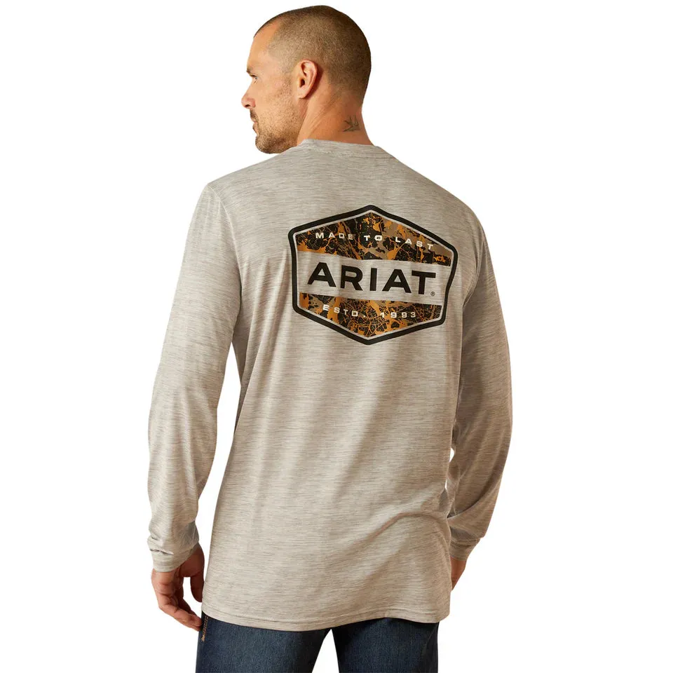 Luxurious Ariat Men's L/S Charger Muddy Shield T-Shirt in Light Grey Heather