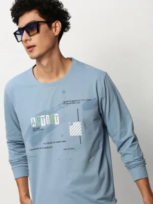 Men's Blue Typography Printed Cotton Pullover Breathable wear Weekend Relaxed