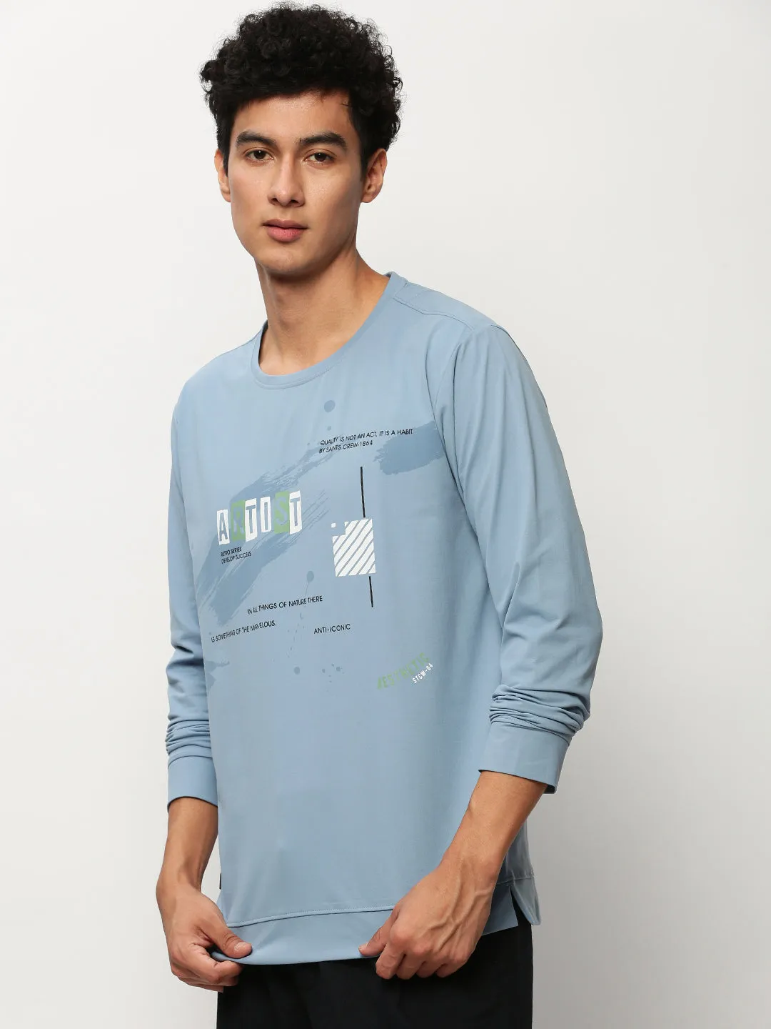 Men's Blue Typography Printed Cotton Pullover Comfy Look Street Essential