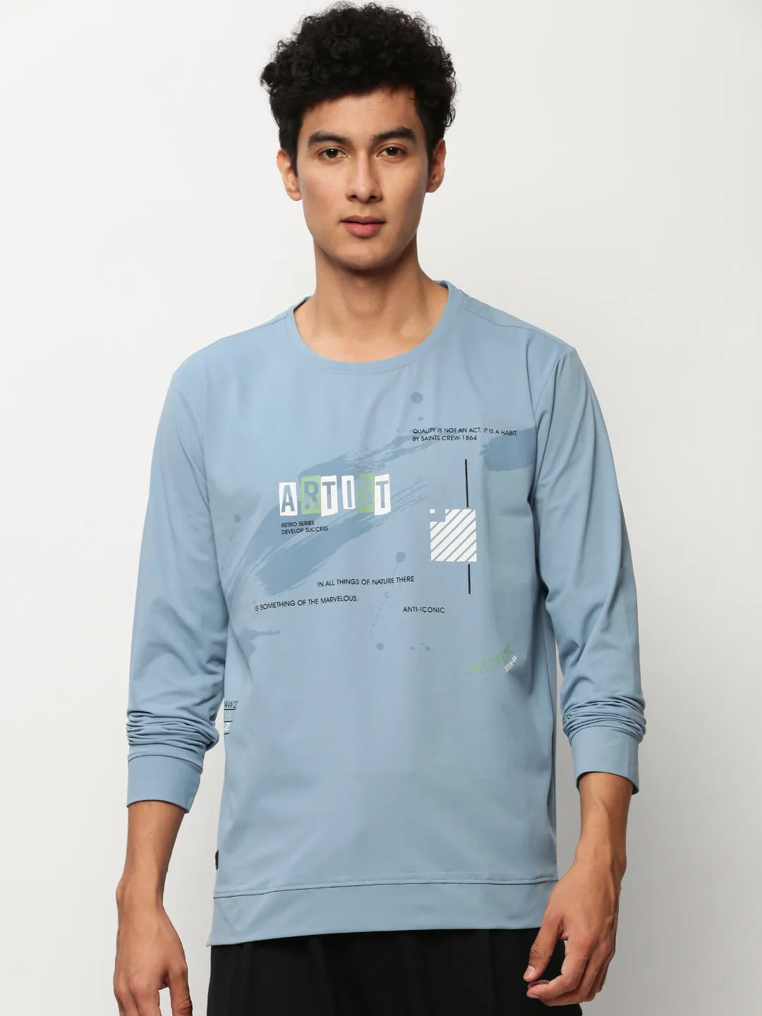 Men's Blue Typography Printed Cotton Pullover Minimal Fit Modern Active