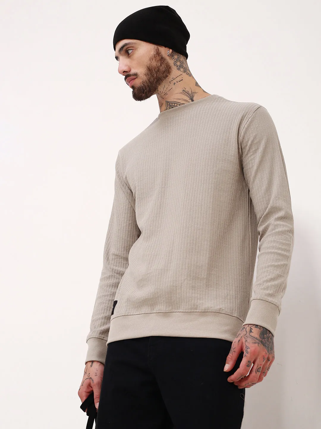 Casual Men's Grey Round Neck Solid Sweatshirt