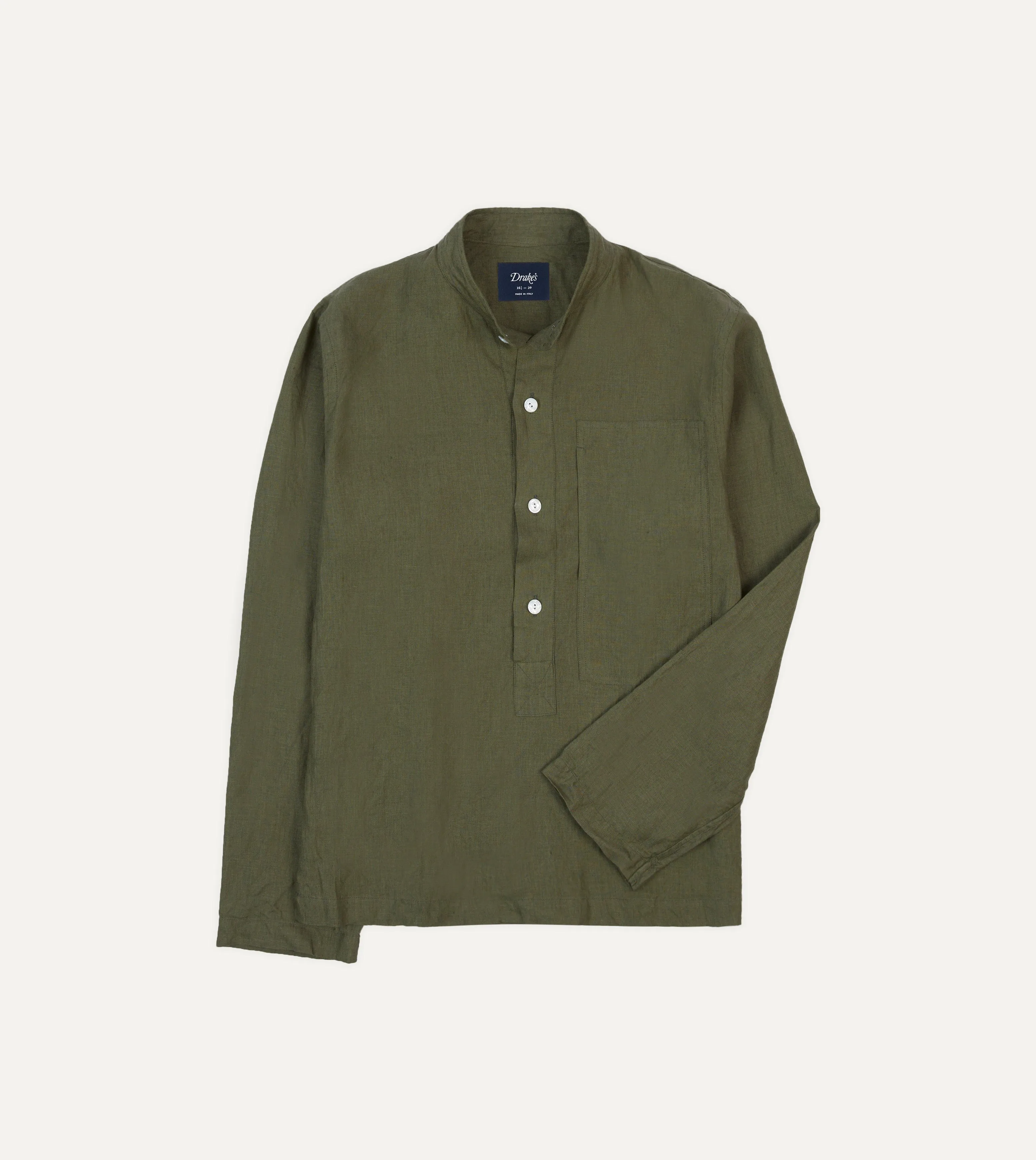 Quick Comfort Wear Olive Linen Mandarin Collar Popover Shirt