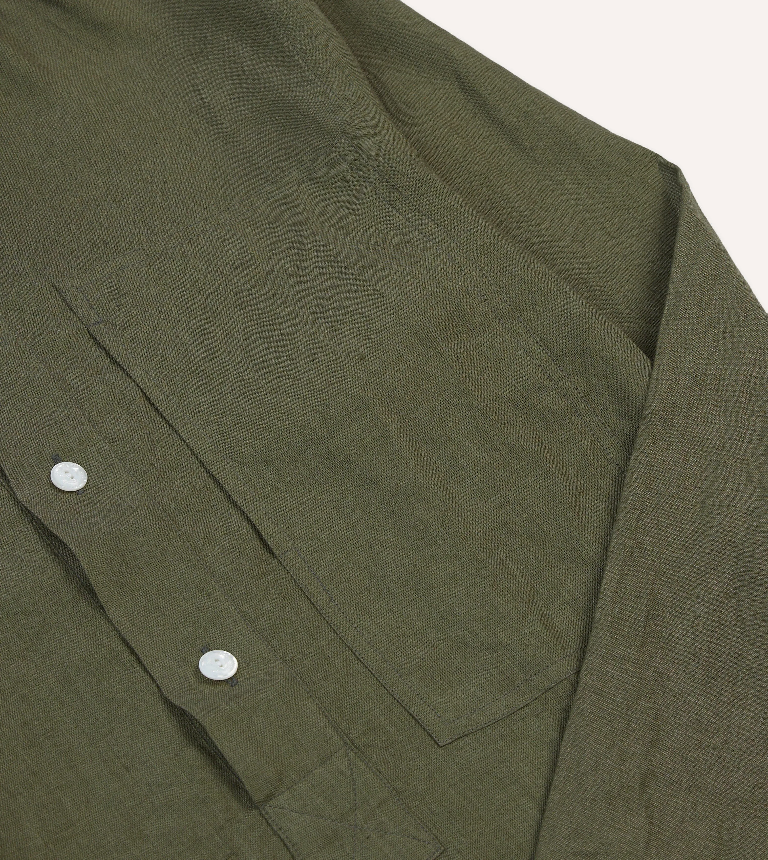 Versatile Comfort Wear Olive Linen Mandarin Collar Popover Shirt