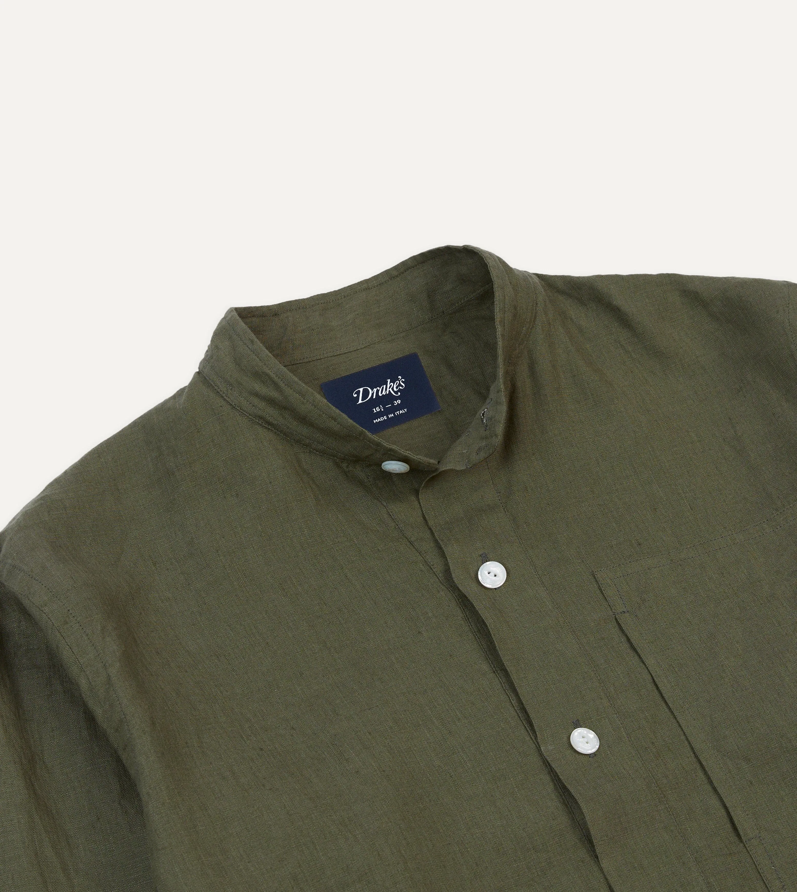 EasyCareFinish hiking clothes Olive Linen Mandarin Collar Popover Shirt