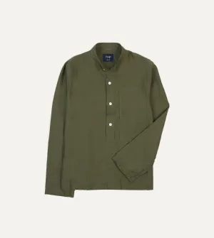 Quick Comfort Wear Olive Linen Mandarin Collar Popover Shirt