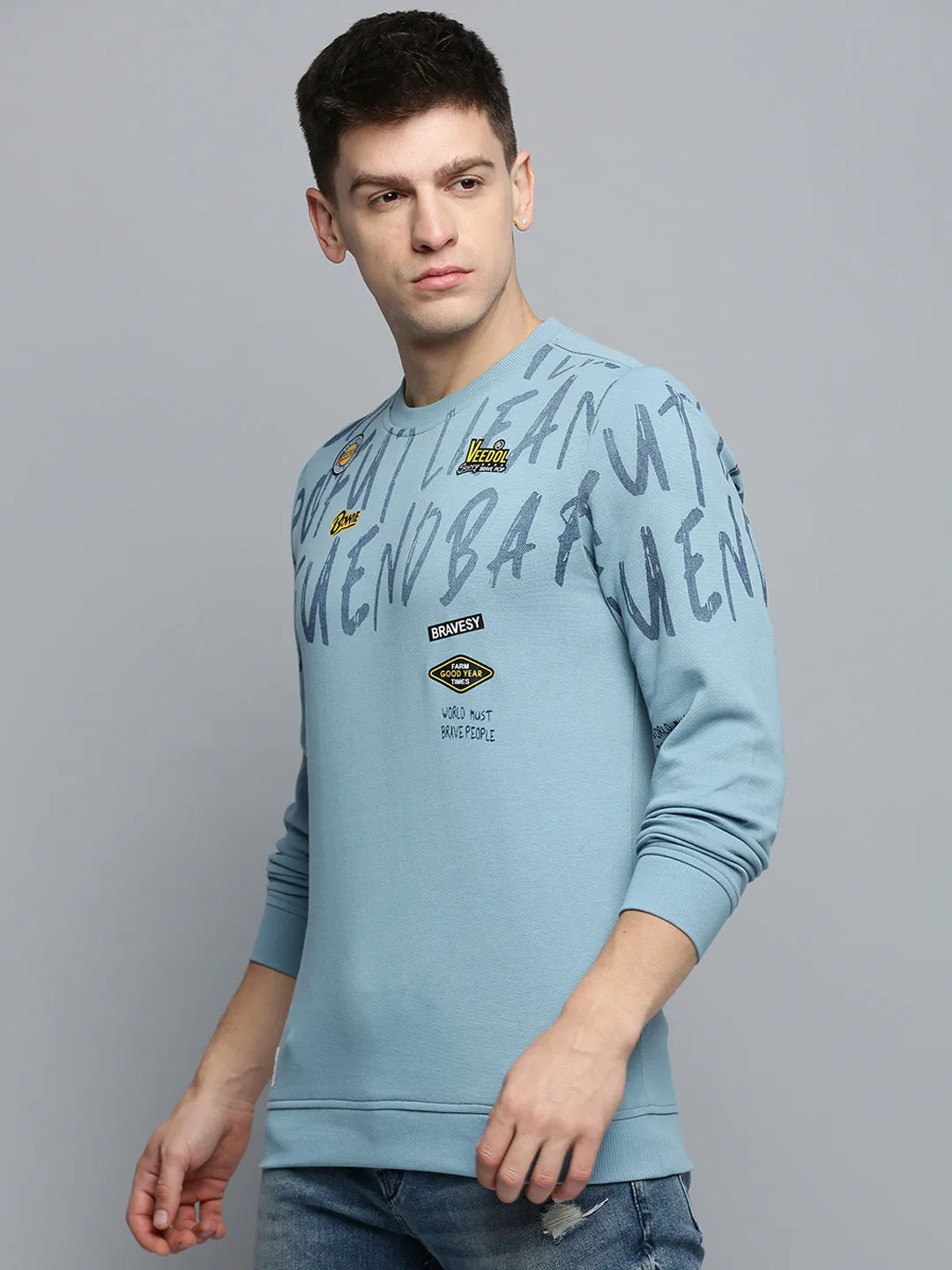 product semi formal appeal Daily Wear Men's Blue Typography Printed Pullover Cotton Sweatshirt